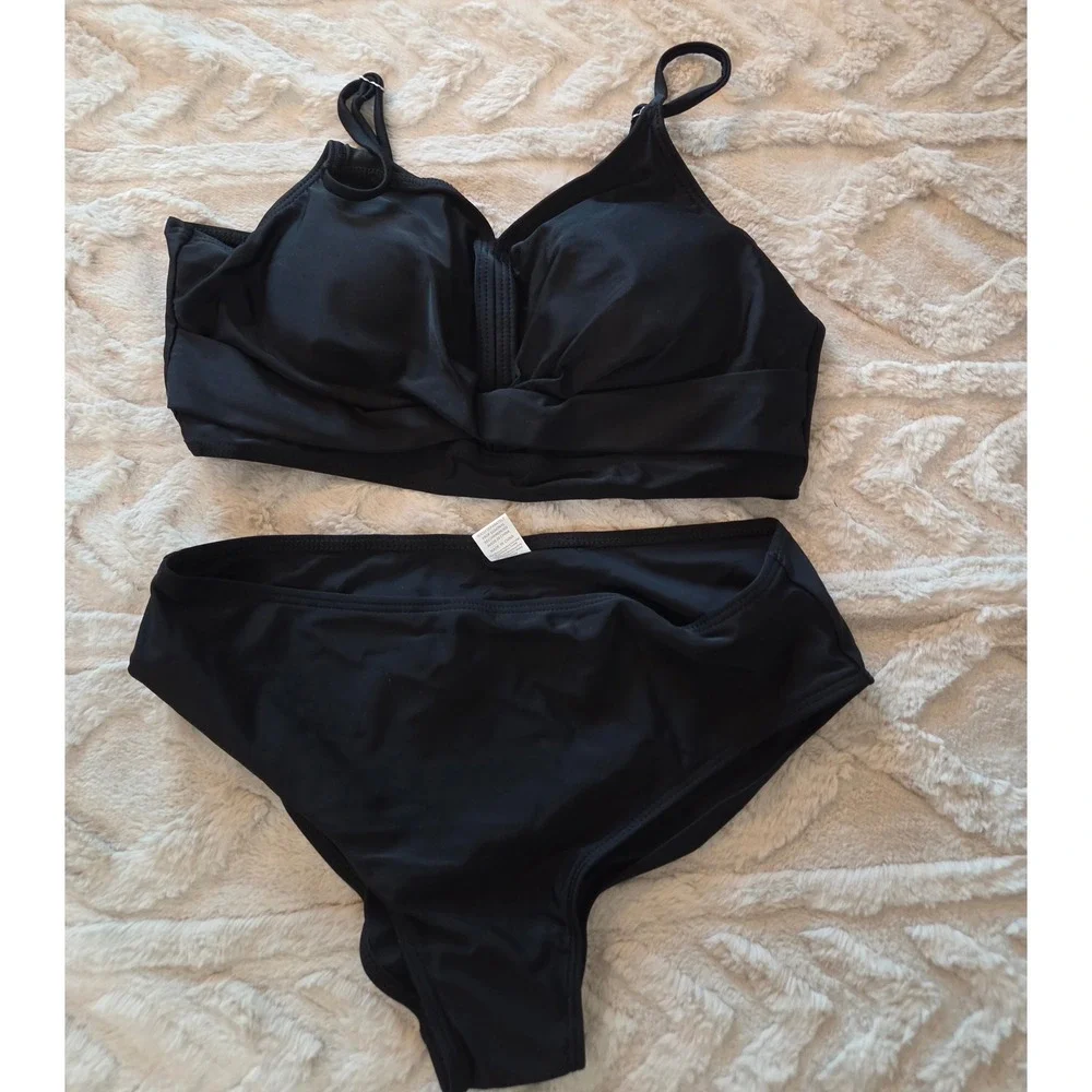 Black Wrap Front High Waisted Bikini Set Two Piece Swimsuit Size 15-16Y